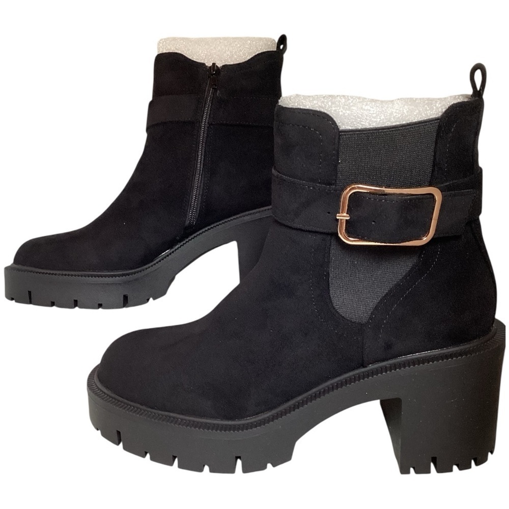 Rouge Helium Black Chunky Heeled Boots with Gold Buckle Size 10
